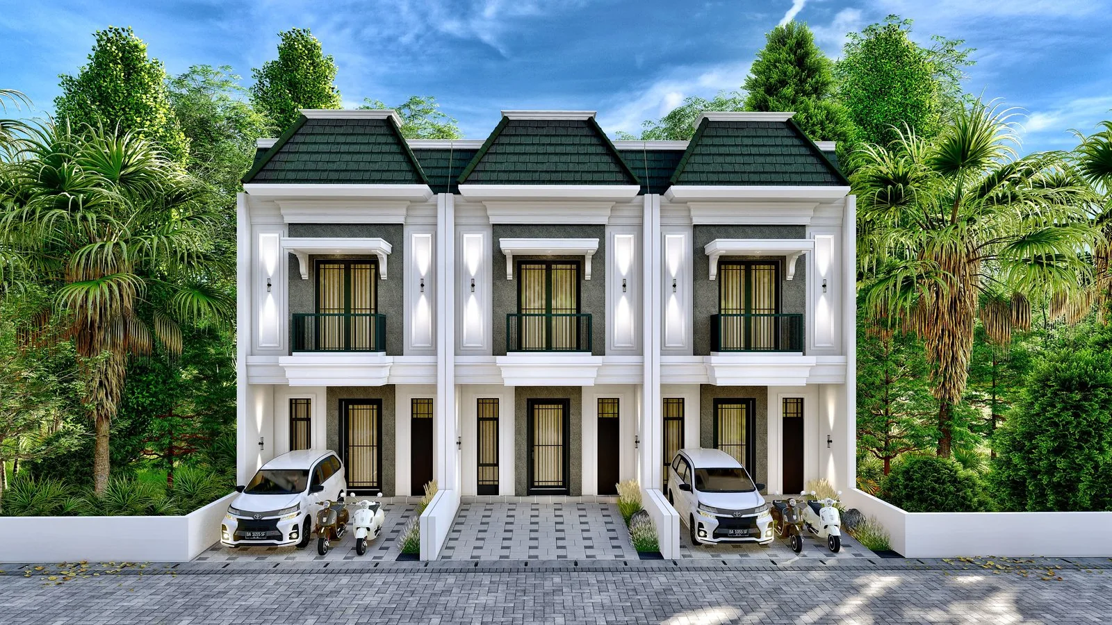 Deretan rumah tinggal dua lantai saat senja