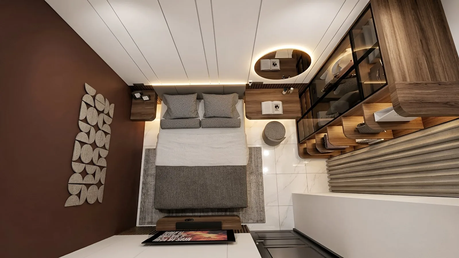 Kamar tidur modern tampak atas dengan penataan rapi