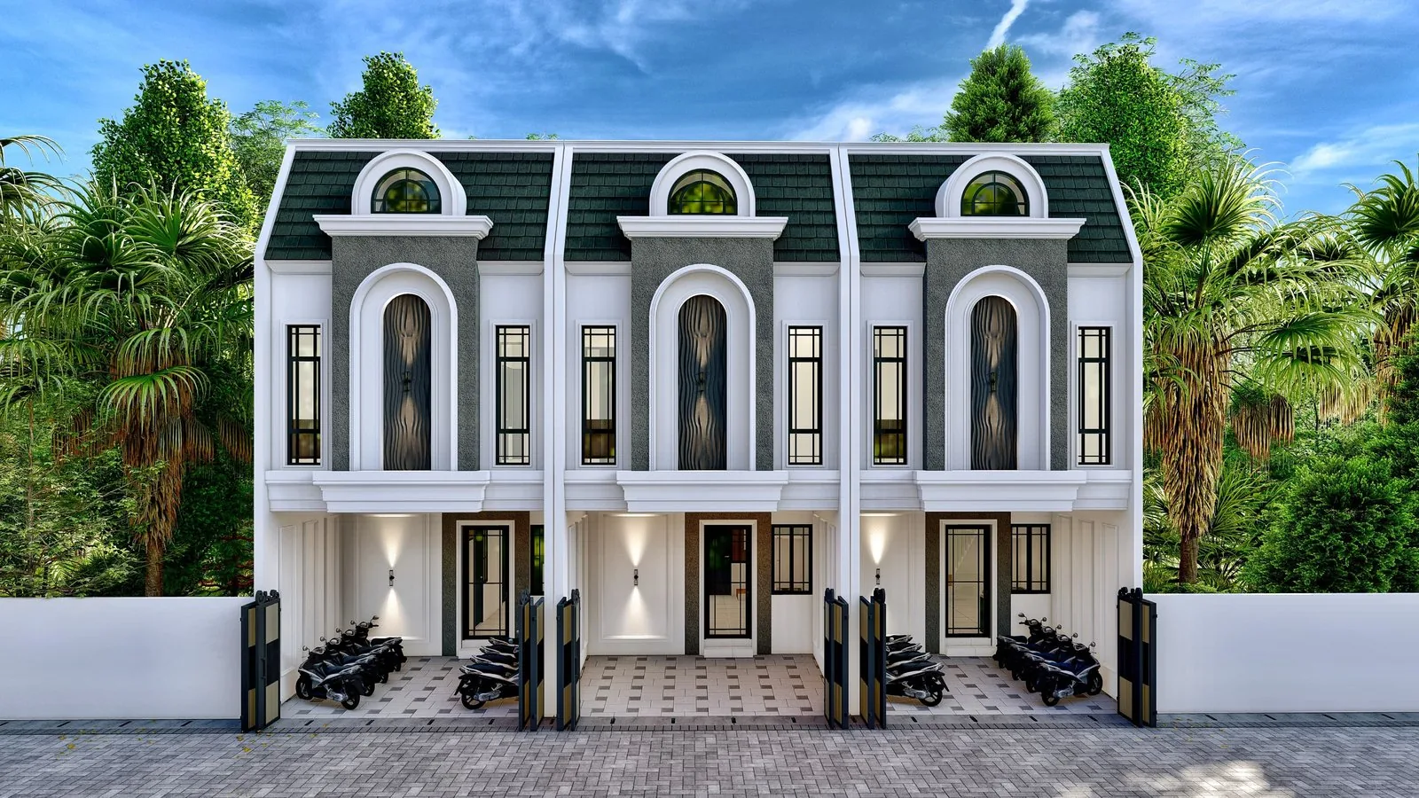 Rumah tinggal dua lantai bergaya klasik modern, tampak depan siang hari